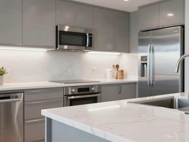Bright, high-key natural daylight illuminating an immaculate modern kitchen with spotless stainless steel appliances and sharp, clean quartz countertops.