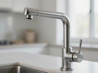 Macro close-up of a polished stainless steel faucet in a bright, modern kitchen, reflecting natural light with no water spots.