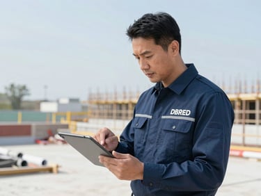 Medium shot of a DBRED development director reviewing architectural plans on a tablet at a construction site, bright natural daylight, crisp uniform, cool blue and slate tones, sharp focus, 35mm lens.