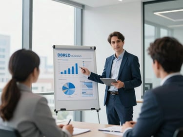 Medium shot of a DBRED business strategist presenting a financial model to a client in a modern office, bright natural daylight, professional attire, cool blue and slate tones, sharp focus, 35mm lens.