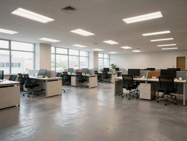 Wide environmental shot of a clean open-plan commercial office space post-service — desks cleared, hard floors polished, chairs aligned, lit by even overhead fluorescent and natural window light, no people, framing captures the full room width with generous empty foreground