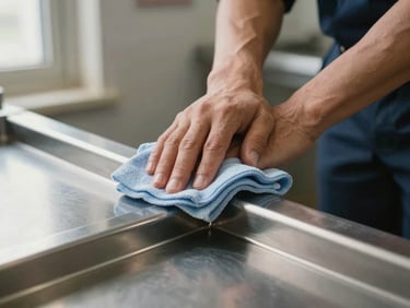 Close-up of a uniformed crew member's hands wiping a stainless steel baseboard trim with a microfiber cloth, natural window light from the left, surface detail crisp and in focus