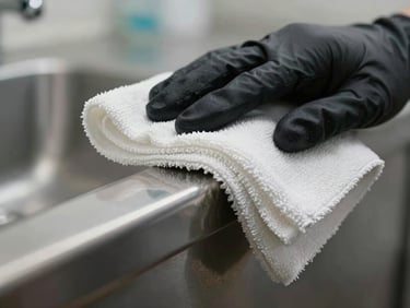Extreme close-up of a gloved hand wiping a stainless steel fixture with a microfiber cloth, even studio-quality light eliminating shadows, the surface reflecting a sharp clean line — framed so tight the fixture edge and the cloth texture fill the full frame, no person visible beyond the wrist and glove