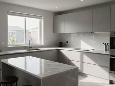 Panoramic wide shot of a spotless residential kitchen photographed post-service — countertops cleared, fixtures gleaming, even shadowless daylight from a side window, empty room with no occupants, framing emphasises the precision of the cleaned surfaces