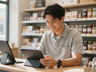 Comerciante sonriendo en su papelería mientras usa una tableta digital para procesar un pago, luz natural brillante de la tarde
