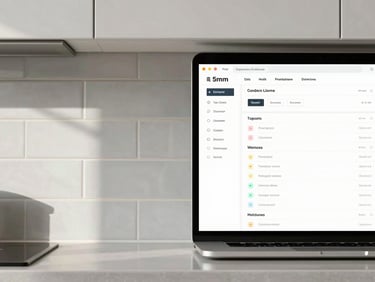 Split-screen composition showing sharp architectural details of a newly renovated kitchen tile backsplash on the left, and a clean web browser displaying a modern dashboard wireframe on the right. Bright daylight, 35mm.