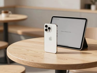 Bright editorial photography of a clean iPhone and iPad resting on a light oak table in a sunlit Cherry Hill coffee shop, minimalist neutral tones, sharp focus, premium Apple aesthetic, 50mm.