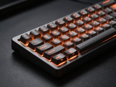 Macro shot of a sleek mechanical keyboard with glowing neon orange backlighting on a dark graphite desk.