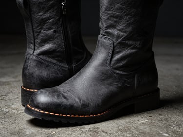 Close-up of premium textured leather boots on concrete with high-contrast dramatic side lighting.