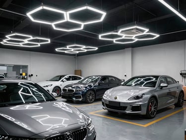 A modern detailing training center with overhead LED hexagonal lighting and clean cars