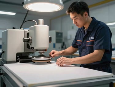 An engineer in clean branded navy apparel operating a rotary polishing machine on a flat paint panel, sharp overhead LED arrays.