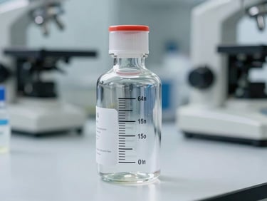 A close-up of a clear chemical bottle with precise graduation markings on a sterile laboratory counter, clinical white lighting.