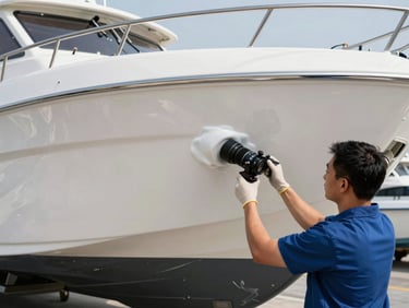 An engineer applying protective ceramic coating to a premium marine vessel hull