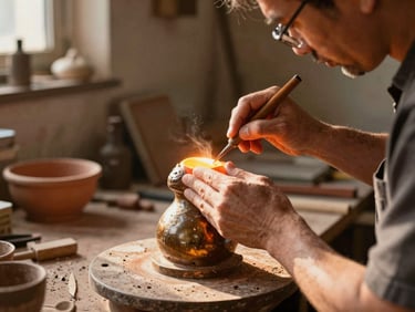 A master artisan's hands carefully shaping a hot bronze sculpture in a traditional workshop, warm golden-hour light, documentary style, 35mm lens