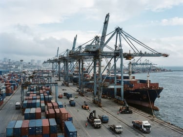 Wide environmental landscape of a deepwater container port under cool overcast daylight, massive steel gantry cranes, desaturated navy tones, 35mm.