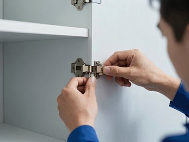 Close-up of tools and hands of a technician adjusting the hinge of a modern wardrobe door, focused and precise work, bright daylight.