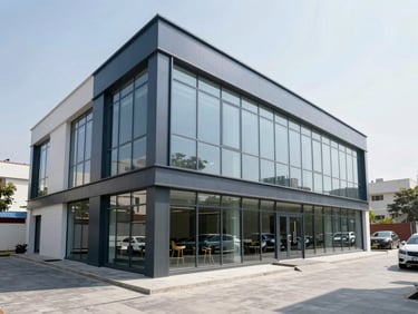Bright modern corporate office in Gurugram, clean glass windows, professional atmosphere, daylight.