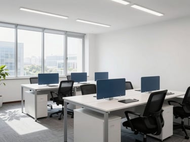 Bright modern office interior in Gurugram, clean minimalist desks, large windows with natural daylight, professional corporate setting.