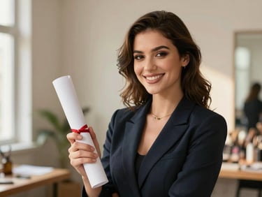 Aspiring makeup artist holding a certification scroll, smiling confidently in a professional studio setting, soft natural light.