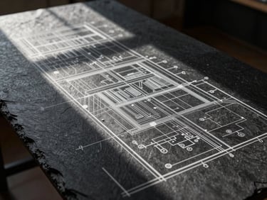 Wide, high-contrast architectural blueprint laid out on a dark slate table, dramatic directional light casting deep shadows over structured white lines and system annotations.