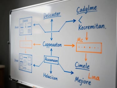 High-contrast macro shot of a physical glass whiteboard with complex database schemas drawn in blue and orange ink, dramatic directional lighting