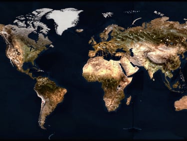 Satellite imagery of global shipping lanes and interconnected energy infrastructure, low-key cool lighting, sharp technical details, deep obsidian and amber tones, 35mm