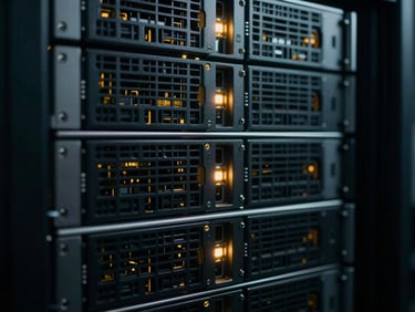 Macro detail of a server array with data flowing, low-key cool lighting, sharp technical details, deep obsidian and amber tones, 35mm