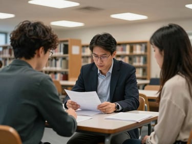 Faculty member seated across a small seminar table from two students, all three looking at the same open document, natural overhead light, library shelves visible in background, no camera awareness