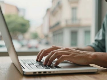 Person typing on a laptop, close-up of hands, blurred Spanish urban background, natural daylight, soft emerald tones.