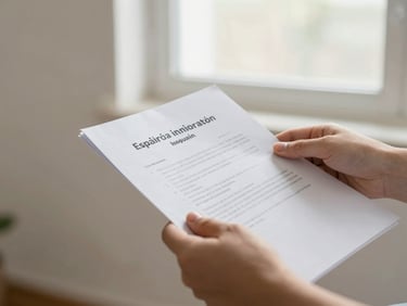 Hands organizing documents for Spanish immigration, bright window light, soft emerald tones, shallow depth of field, neutral background.