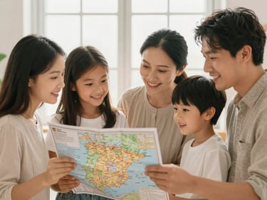 Family looking at a map of Spain, warm natural light, soft focus, neutral tones, happy and hopeful expressions.