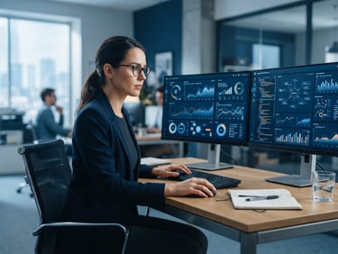 Crisp corporate photography of a modern technical professional analyzing complex data on dual monitors in a cool daylight studio, shallow depth of field, professional editorial style.