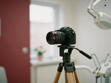 A camera on a wooden tripod in a warm, soft-lit dental clinic with natural daylight, Scandinavian style, 35mm