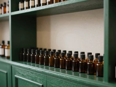 An editorial medium shot of an apothecary counter, small amber glass bottles arranged neatly on a dark green oak shelf, warm ambient indoor light, 35mm.