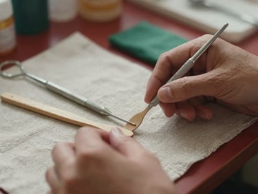 A close-up of a dentist's hands arranging clean, wooden dental tools on a textured linen surface, soft warm natural side-lighting, 35mm photography.
