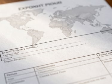 Close-up of neatly organized export documentation with a subtle world map in the background, clean bright lighting, professional and precise.