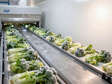 Wide-angle view inside an IQF freezing tunnel, showing conveyor belts with individually frozen vegetables, frosty atmosphere, clean, bright, high-key lighting.