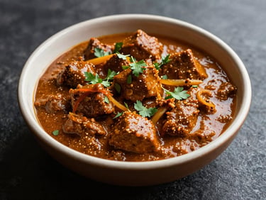 Artfully arranged, ready-to-eat Indian curry dish in a ceramic bowl, garnished with fresh herbs, warm overhead lighting, on a dark textured surface.