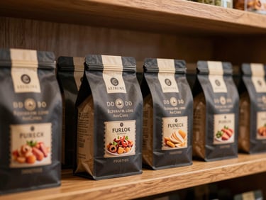 Close-up of elegant, branded food packaging on a warm wooden shelf, soft studio lighting, premium editorial food photography