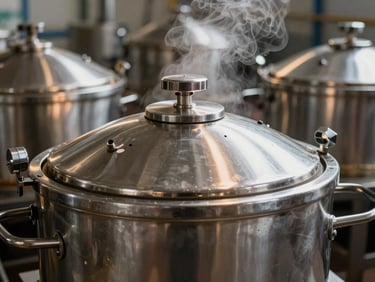 Gleaming stainless steel retort machinery with steam, warm side-lighting, sharp focus, industrial photography.