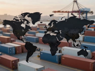 A world map with subtle gold lines indicating shipping routes, overlaid with a blurred image of cargo containers at a port, soft backlighting.