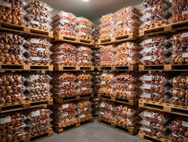 A pristine, temperature-controlled cold storage facility with neatly organized pallets of packaged food, emphasizing clean lines and efficiency.
