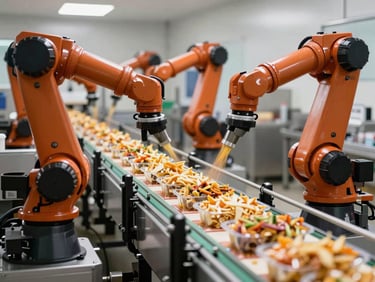 Medium shot of an automated food packaging line, showing products moving swiftly on a conveyor, precise robotic arms, sterile environment, high-key lighting.
