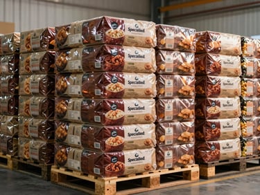 Specialized export packaging for food products, stacked on pallets in a clean, brightly lit warehouse, high-key industrial photography.