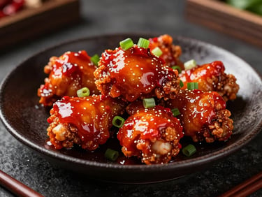 Crispy chicken wings glazed in a thick, glossy red chili sauce on a dark ceramic platter, garnished with sliced green onions, moody kitchen lighting.