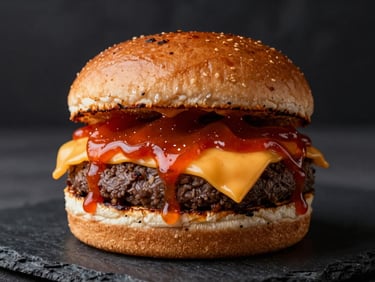 A gourmet burger on a toasted brioche bun, melted cheddar cheese dripping, glazed with a rich orange-tinted chili sauce, dark slate background.