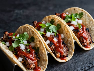 Three street tacos filled with charred grilled steak, fresh cilantro, diced white onions, and a vibrant drizzle of deep red hot sauce, moody side-lighting.