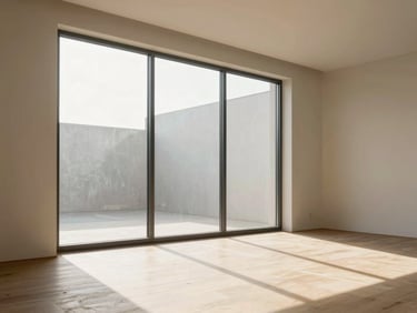 Interior of a minimalist room with large south-facing window, harsh midday sun creating overexposed patches on the floor and visible heat haze near the glass, warm blown-out light, no people, architectural photography
