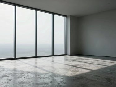 Same minimalist interior room with large south-facing window, cool diffused natural light evenly distributed across the floor, crisp shadow lines on polished concrete, no glare, no people, architectural editorial photography