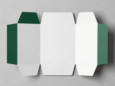 Clean flat-lay of unfolded structural box template with geometric fold lines, technical forest green accents, 85mm